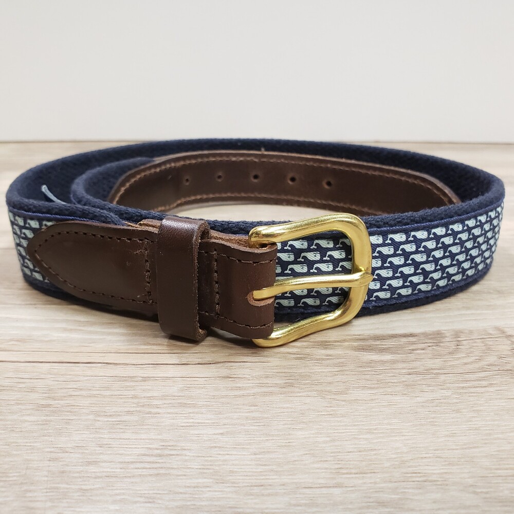 Vineyard Vines Blue Whale Logo Belt Nautical USA Leather Brass Men's Size 30